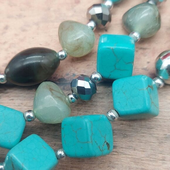Silver Tone Faux Turquoise Statement Necklace Multi Strand Beaded Collar 21" - Picture 11 of 11